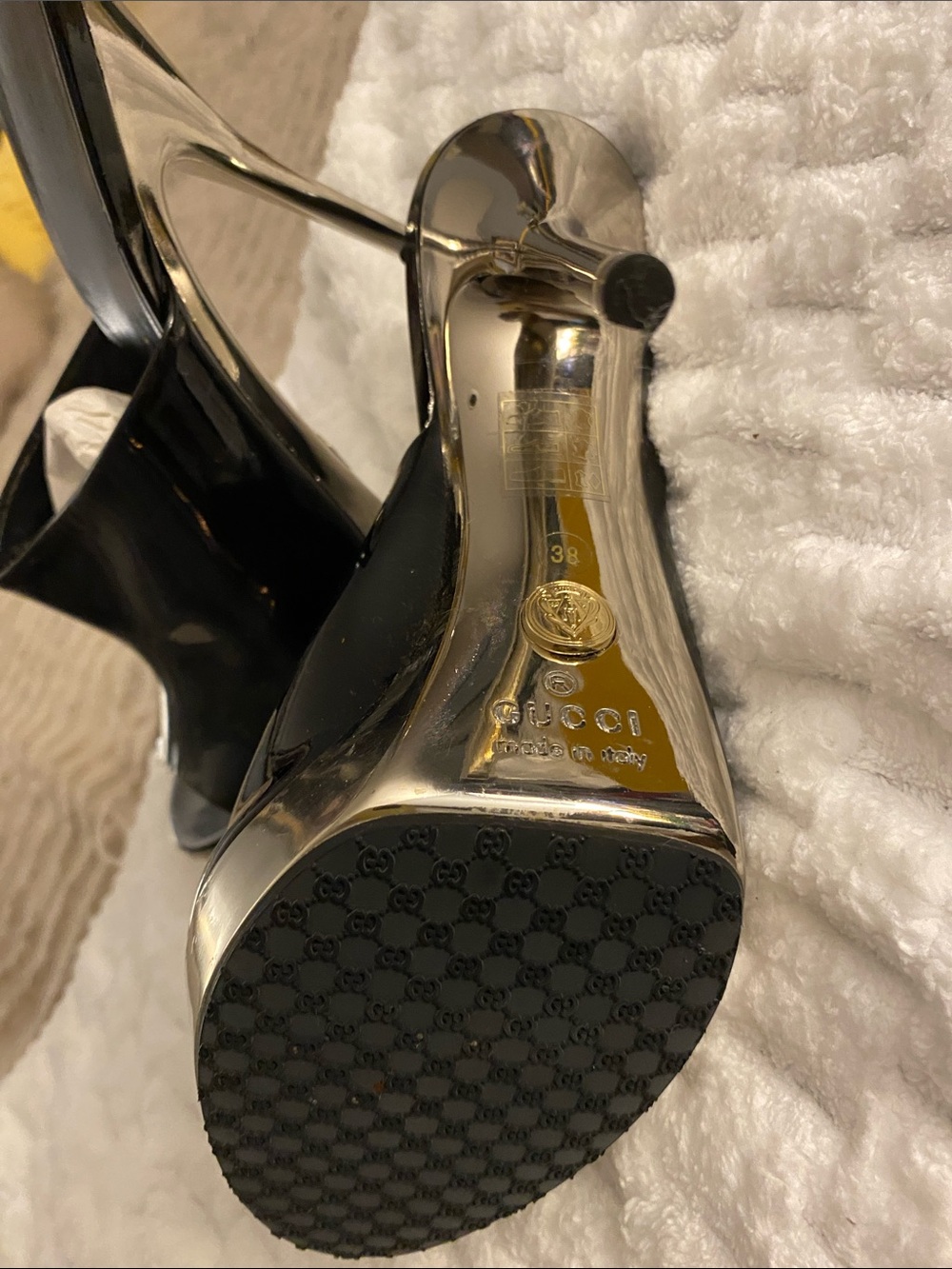 NWOT, Gucci Black Patent Platform Mule with Silver Stiletto with Gucci Shoe Bag - Picture 2 of 5